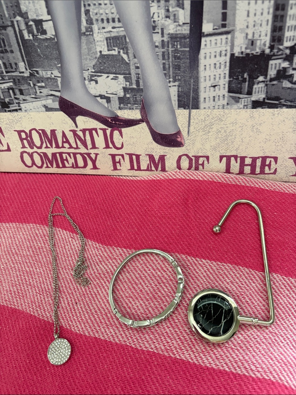 Silver-Tone Necklace, Bracelet & Handbag Hook Set in Black and Silver
